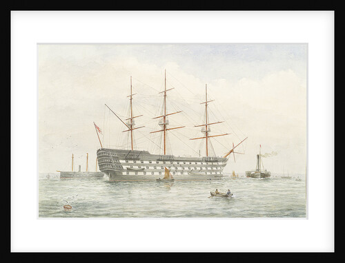 HMS 'Victory' in calm water near a coast by John Wilson Carmichael