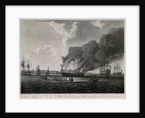 View of HMS 'Boyne' 98 guns, on fire by accident at Spithead, May 1795 by T.M. Waller