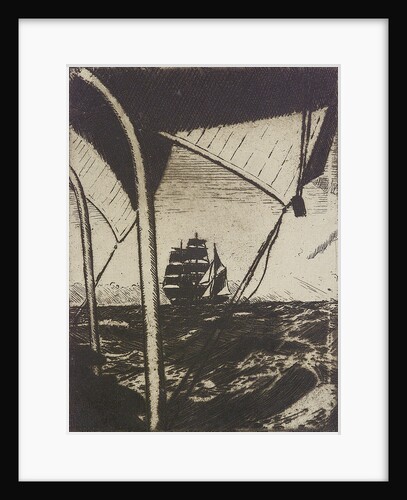 Distant sailing vessel seen through rigging by John Everett