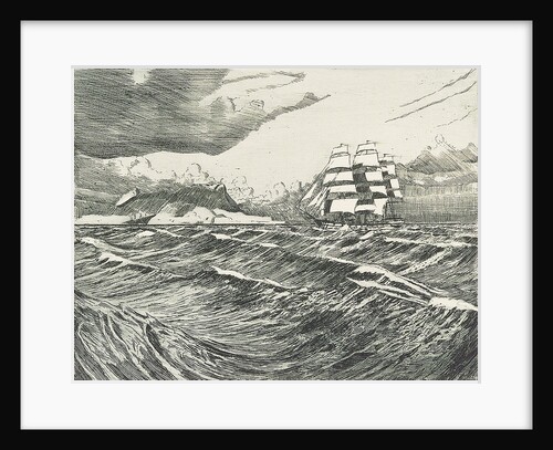 Square-rigger with all sails set passsing land by John Everett