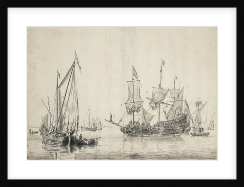 A kaag with a Dutch frigate drying sails by Willem van de Velde the Elder