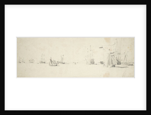A kaag close-hauled in a light breeze and men-of-war at anchor by Willem van de Velde the Elder