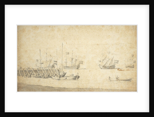 Weyschuits near a pier: Dutch ships lying off by Willem van de Velde the Elder