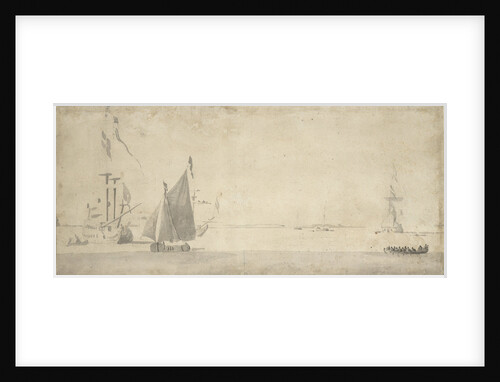 Smalschip under sail and Dutch ships at anchor by Willem van de Velde the Elder