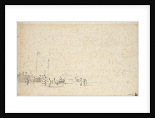 Two pinks lying at the end of a pier by Willem Van de Velde the Younger