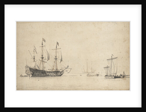 A pink with a Dutch ship drying sails by Willem Van de Velde the Younger