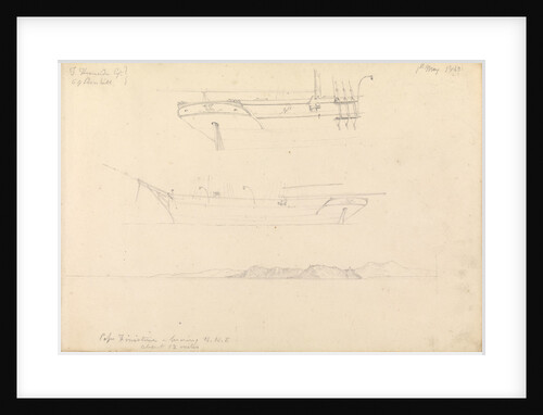 Sketches of profile and stern of a brigantine? and topographical sketch of Cape Finisterre...1843 by W. Maule