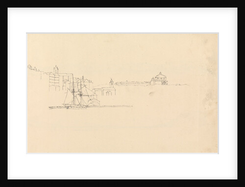 Sketch of two-masted sailing vessel off a Mediterranean port by John Christian Schetky