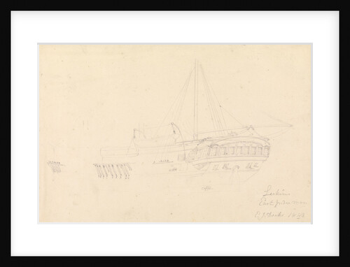 Drawing of the hull and stern of the 'Larkins', East Indiaman, 1843 by John Christian Schetky