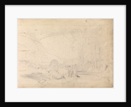 Sketch of mountainous landscape with trees and figures in foreground by John Christian Schetky
