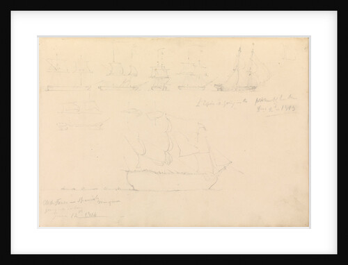 Page of slight sketches of fighting vessels, including 'L'Espoir' and 'Al-de-Fonso', 1813 and 1814 by John Christian Schetky