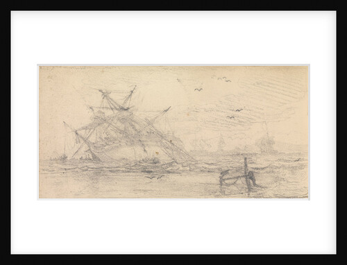 A two deck ship wrecked on a beach by John Christian Schetky
