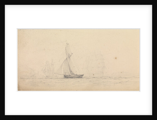 A cutter at sea with men of war and a headland in the distance by John Christian Schetky