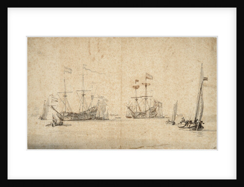 A kaag running free and two Dutch flagships at anchor by Willem Van de Velde the Younger