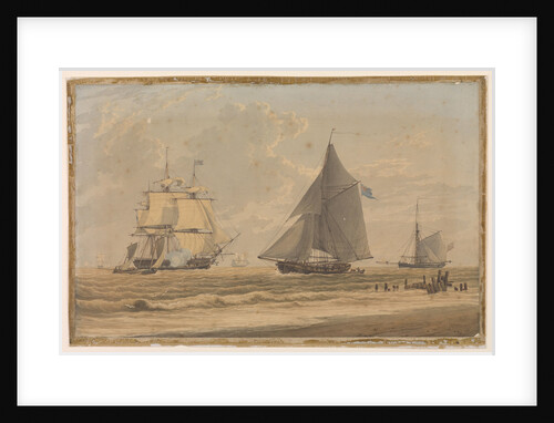 Royal Navy sailing vessel by the shore by unknown