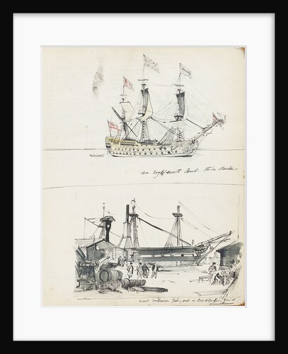 Sketch of an 18th century three-decker and view of a West Indiaman fitting out in Cox & Curtin Yard, Limehouse by John Everett