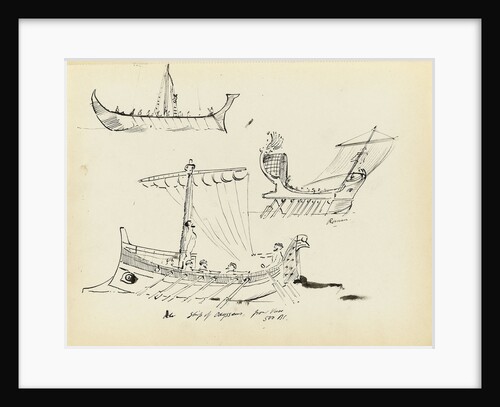 Sketches of early vessels including a Roman sail and oar vessel and ship of Odysseus, 500 BC (from a vase) by John Everett