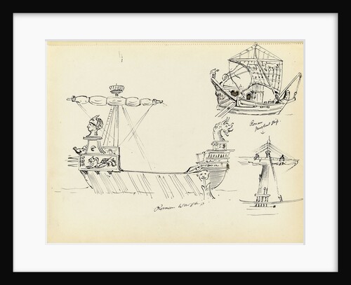 Sketch of a Roman warship, part of a Roman merchant ship and a vessel with sail set by John Everett