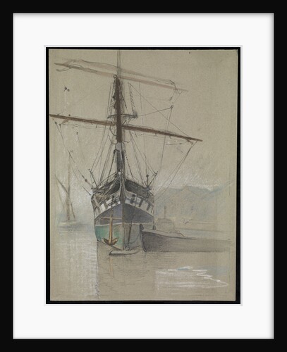 Bow view of 'Cutty Sark' (1869) as she appeared on her arrival in the Surrey Commercial Dock in 1921, with painted ports by John Everett