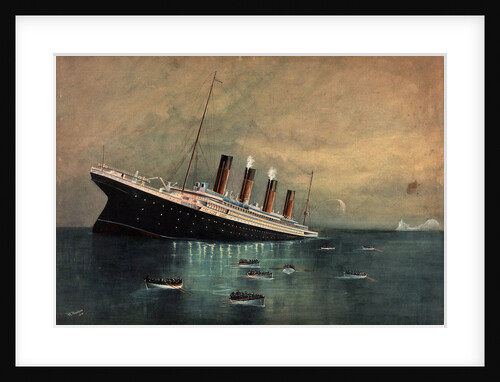 Atlantic liner 'Titanic' (Br, 1912) sinking, bow first, 1912, with eight full lifeboats nearby and an iceberg in the distance by W. Pearson
