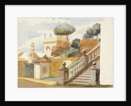 Roman jumble to the life. Staircase of uninteresting church of S. Dominico & S. Silvesto. Corner of Villa Aldobrandini with statues, in the garden of which are the trees - (pine, orange & eucalyptus) by Matilda Rose Herschel