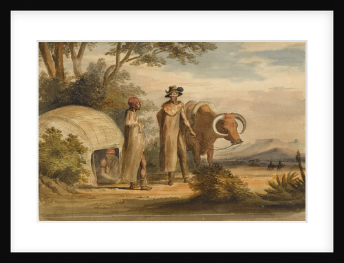 South African man and woman with an ox, a woman in a native built hut by unknown