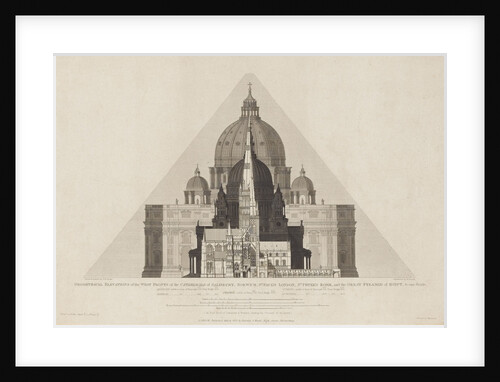 Geometrical Elevations [...] of the Cathedrals of Salisbury, Norwich, St Paul's London, St Peter's Rome, and the Great Pyramid of Egypt, to one scale.' by T. H. Clarke