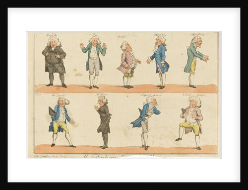 Nine caricature figures in 18th century costume by Henry William Bunbury