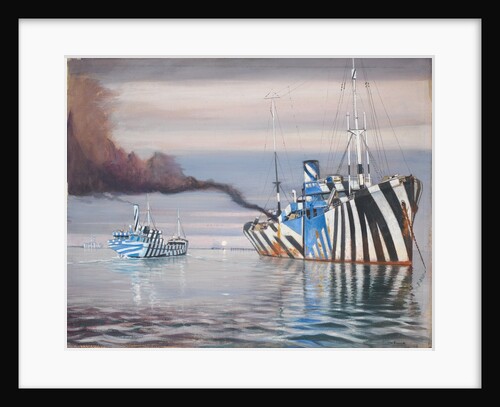 SS Lepanto and another steam vessel, both dazzle painted, anchored in calm water'l by Unknown