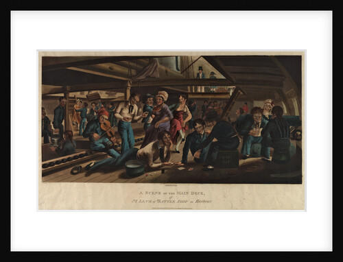 A scene on the main deck of a line of battle ship in harbour by Thomas Sutherland