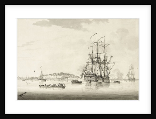A calm with an East Indiaman anchored in an estuary by Francis Swaine