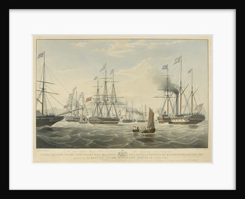 To... Prince Albert... This engraving represents the 'Royal George' Yacht conveying her Majesty and Royal Consort to Edinburgh, August, 1842 Off the Bass Rock... joined by General Steam Navigation... Ships 'Trident' and 'Monarch' by Edward Duncan
