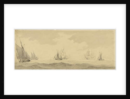 Small vessels in a fresh breeze with a distant fleet, circa 1673, with later additions by Charles Gore by Willem Van de Velde the Younger