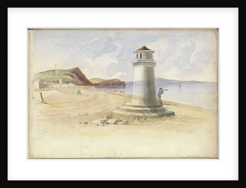Scene at Teignmouth, with a figure looking out to sea leaning up against a beacon by George Pechell Mends