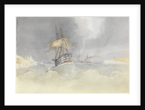 HMS 'Trafalgar' sailing into Malta Harbour with loss of  her rudder head after a gale, 9 February 1852 by George Pechell Mends