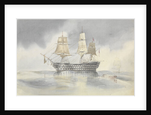 'Britannia' hove to in a calm to receive a boat, probably near Cape Carthage, flying the flag of Rear-Admiral Dundas, 27 April 1852 by George Pechell Mends