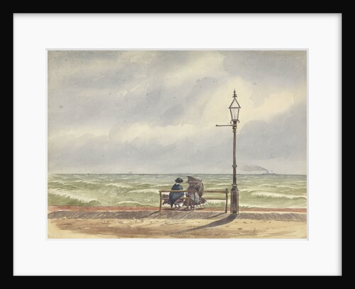 Coastal scene in poor weather, with two women seated on a promenade bench under a lamp post, one with an umbrella, looking out to sea by George Pechell Mends