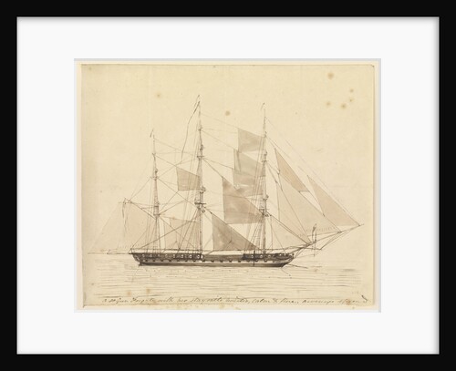 A 50-gun frigate with her staysails hoisted, calm and fine, awnings spread by John Christian Schetky