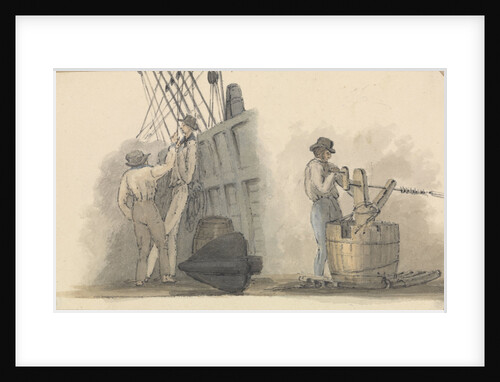 Two deck scenes, two men relaxing on deck, and a man working a winding handle fixed on a barrel by Robert Streatfeild