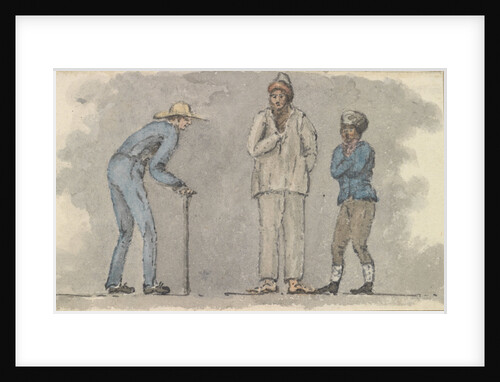 Three male figures, one bent over using a walking stick by Robert Streatfeild
