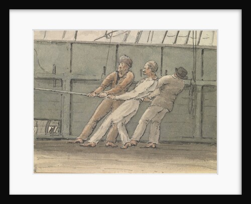 Deck scene with three men hauling on a rope by Robert Streatfeild