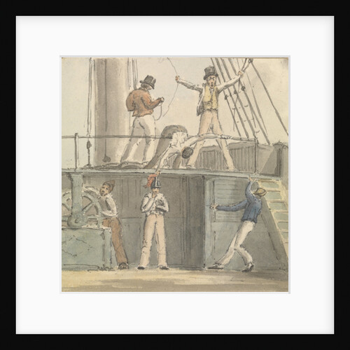 Deck scene with six figures including one steering at the ship's wheel by Robert Streatfeild