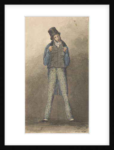 Man standing with legs astride, wearing black hat, blue jacket and tweed trousers by Robert Streatfeild