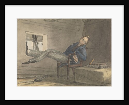 Cabin scene, man relaxing in a chair, with his feet up by Robert Streatfeild