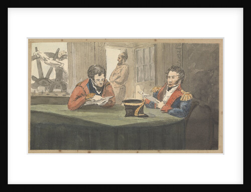A cabin scene with two army officers sitting and reading at a table by Robert Streatfeild