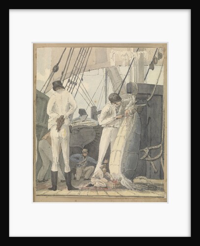 A deck scene with four men and a boy cutting open a turtle by Robert Streatfeild