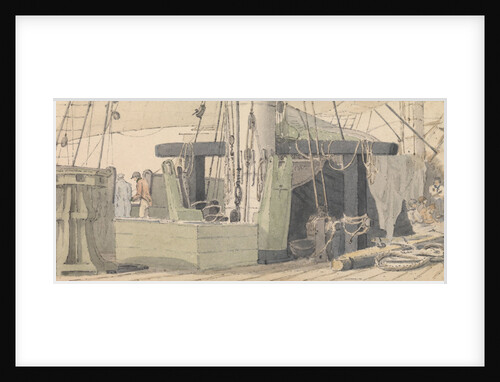 Deck scene showing capstan, mast and ropes, with sailors relaxing in the background by Robert Streatfeild