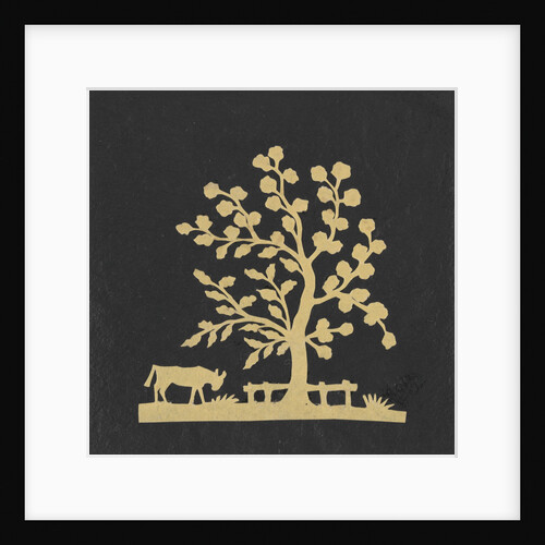 Silhouette of a tree and cow, cut out and stuck on a black background by unknown
