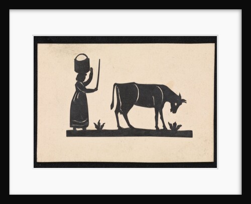 Silhouette of a woman with basket on her head, and a cow grazing, cut out and stuck on white background by unknown