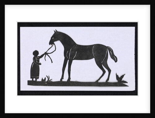 Silhouette of a woman leading a big horse, cut out and placed on white backround by unknown